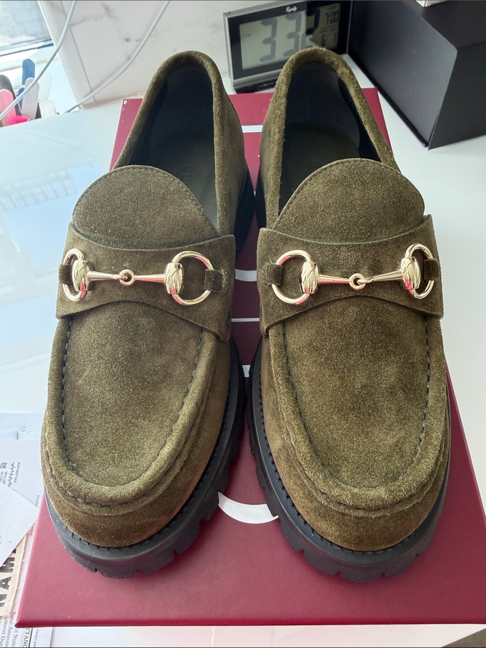 Woman’s  Olive Suede Bit Loafers with Gold Hardware